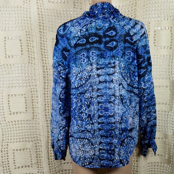 Forever 21 Blue Pullover Blouse Sz Large Sheer Abstract Floral Bow Long Sleeves - Picture 4 of 5